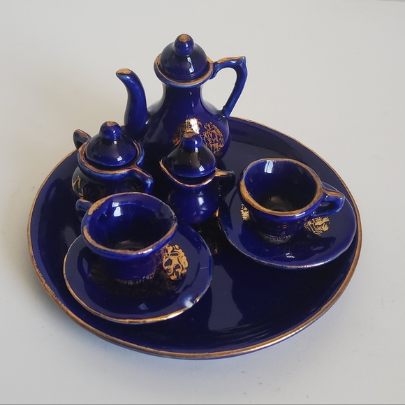 Vintage  Cobalt Blue and Gold Miniature Dollhouse 11 pieces Tea Set - Picture 1 of 6